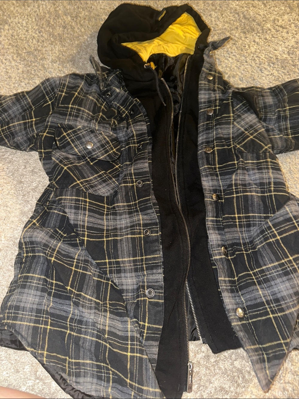 Plaid Hooded Puffer Jacket with Yellow Lining - Men's